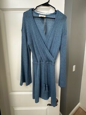 l*space Dusty Blue Knit Wrap Mini Dress